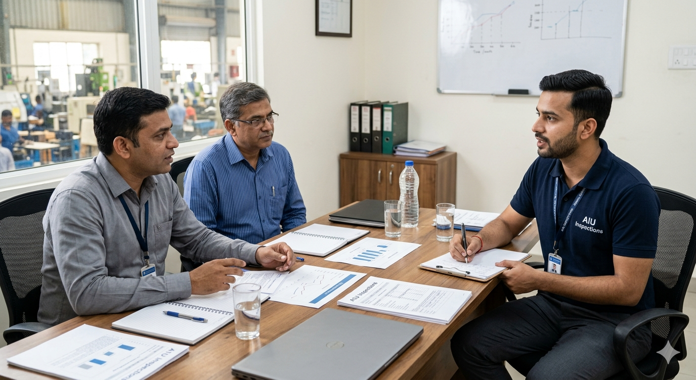 AIU inspector conducting an initial production inspection at a garment manufacturing facility